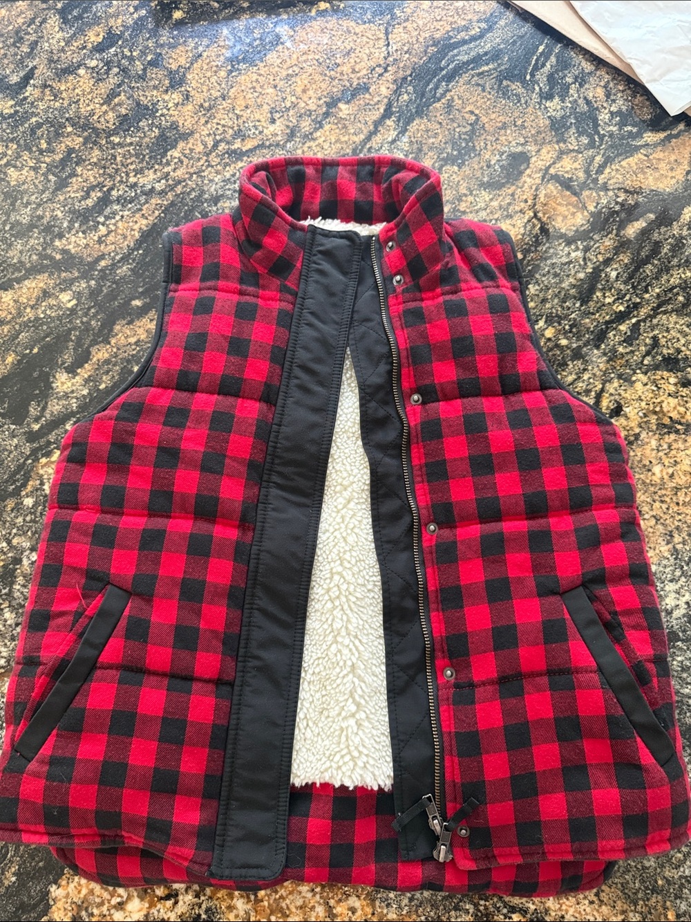 Madewell Red and Black Buffalo Check Quilted Vest